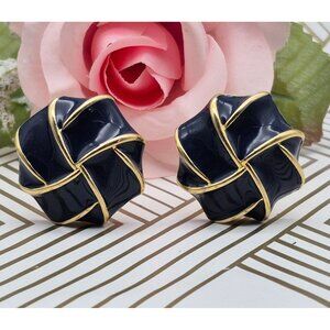 Vintage Weingeroff Large Navy Blue Enamel Knot Earrings Gold Tone Clip-On Signed